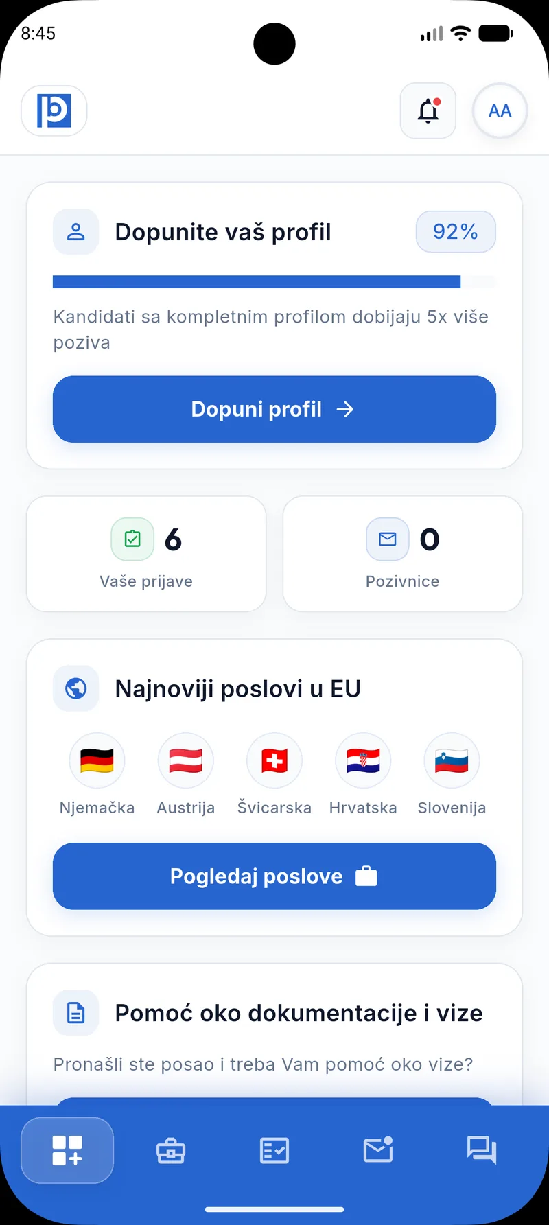 Početni ekran BalkanPosao aplikacije s najnovijim poslovima u regionu i EU