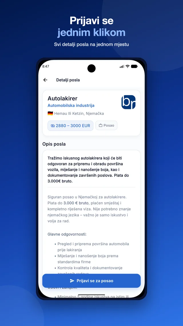Detalji oglasa s opisom posla i uslovima