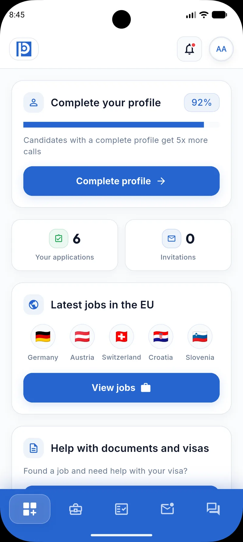 BalkanPosao app home screen showing the latest jobs across the region and the EU