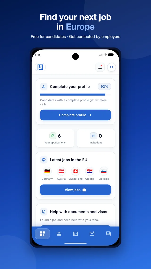 Home screen — your profile, applications and the latest jobs at a glance