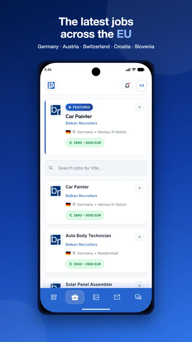 Job list with filters by country and trade
