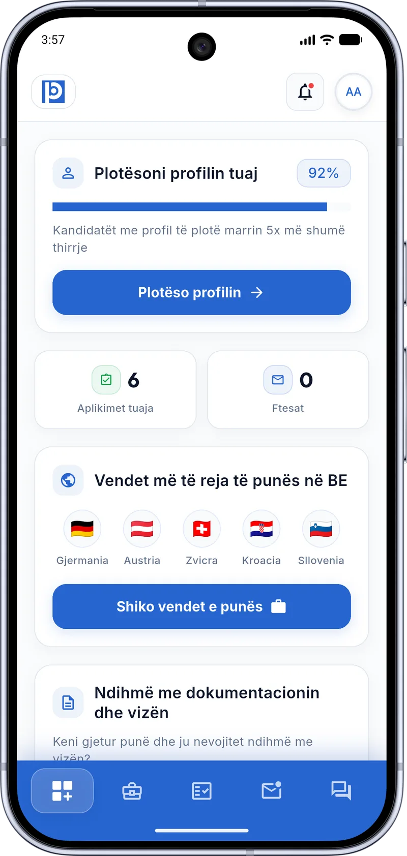 Ekrani kryesor i aplikacionit BalkanPosao me punët më të reja në rajon dhe BE